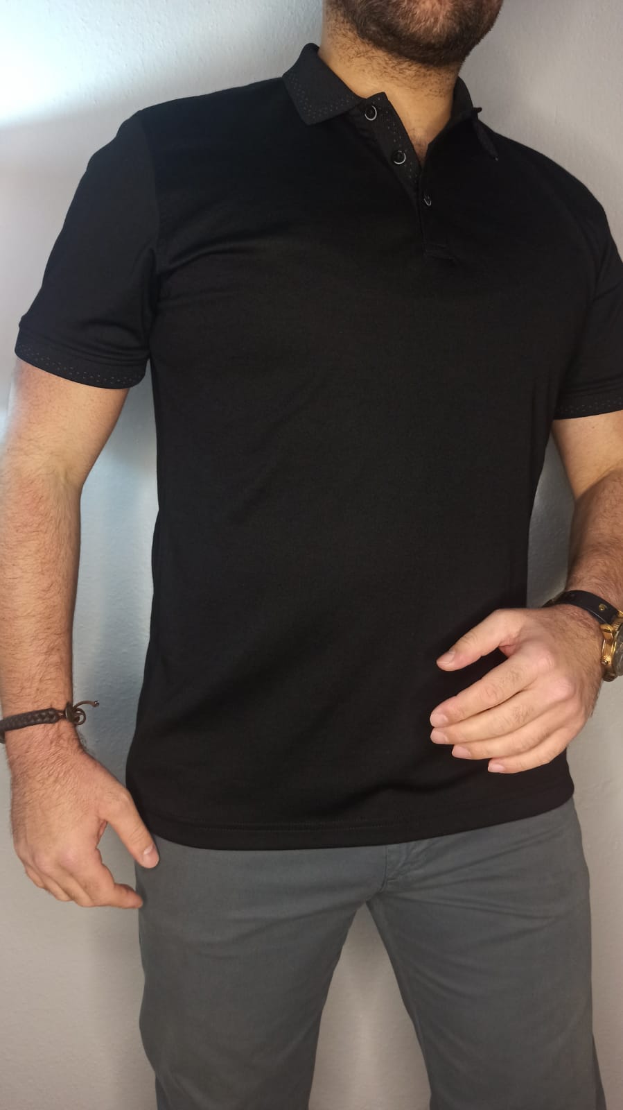 Yakalı T-shirt Düz Siyah