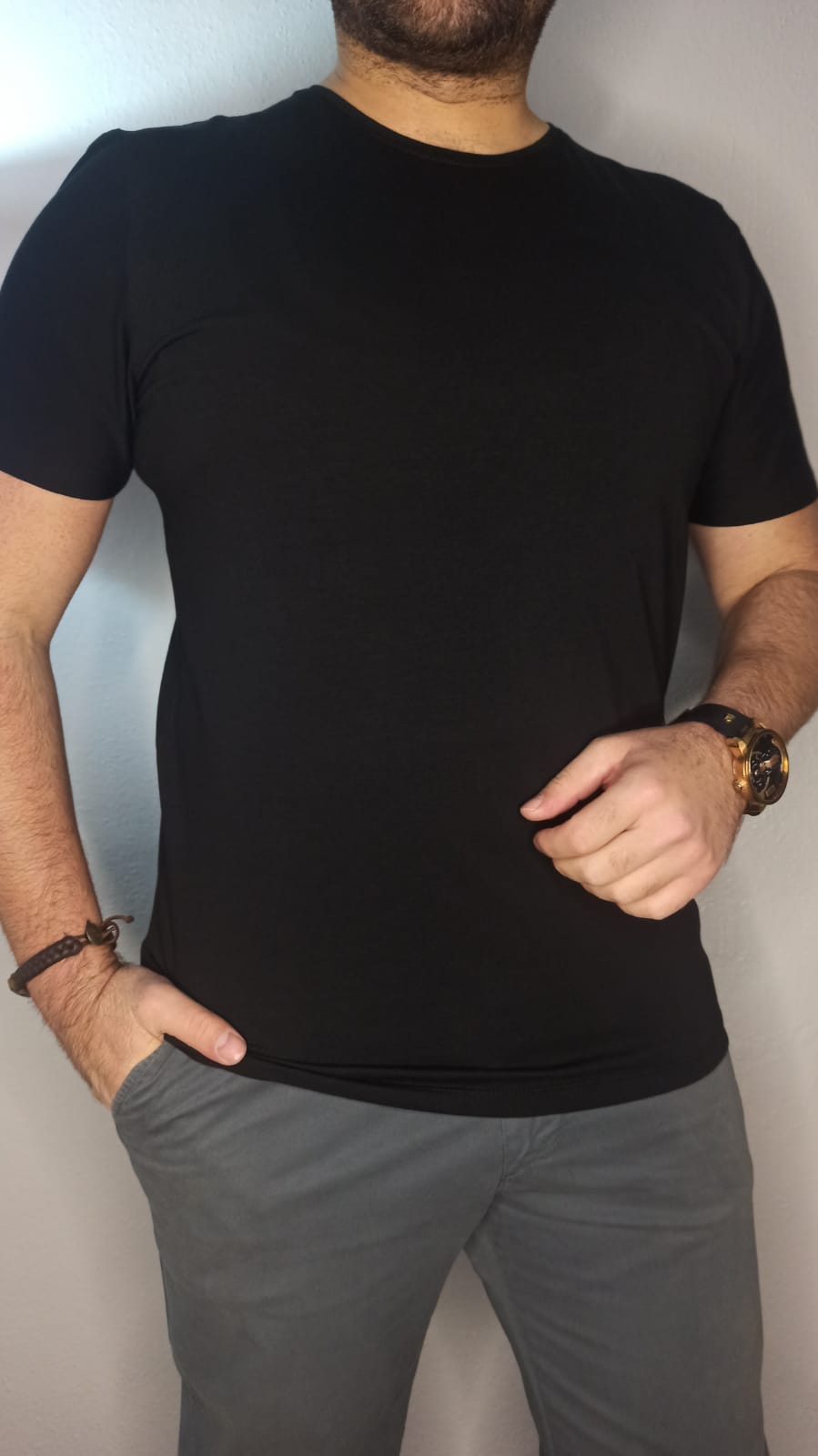 Bisiklet Yaka T-shirt Düz Siyah