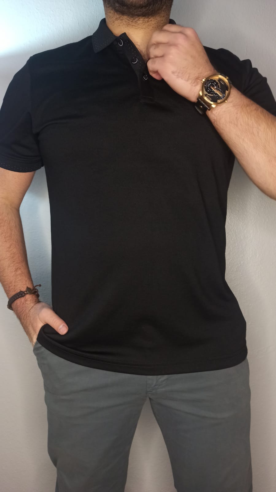 Yakalı T-shirt Düz Siyah